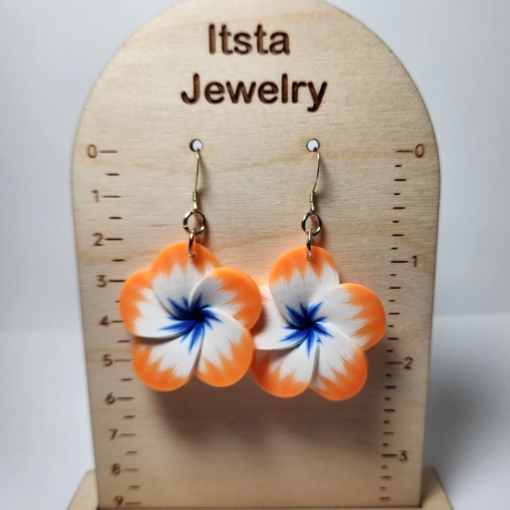 Flower poly clay earrings, orange, Sterling Silver french earwires